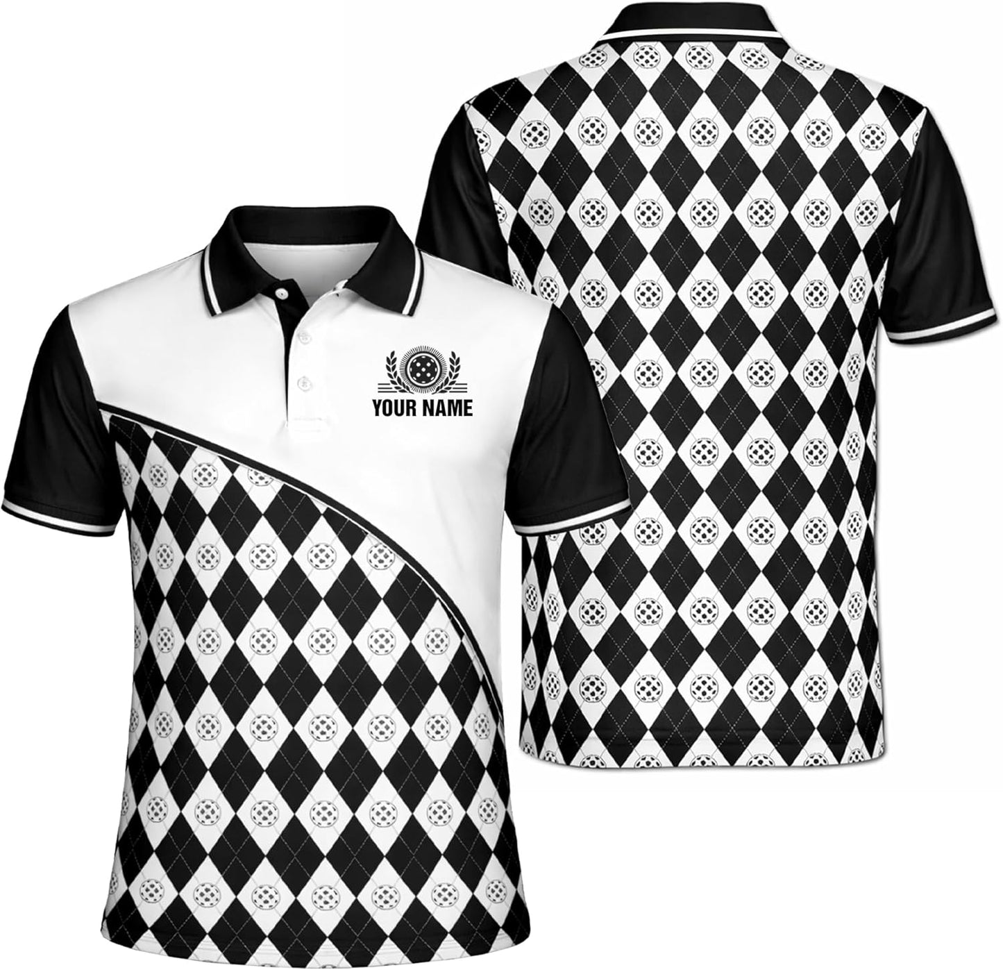 Custom Pickleball Polo Shirt Personalized Name Argyle Pickleball Performance Sport Polo Shirt Black