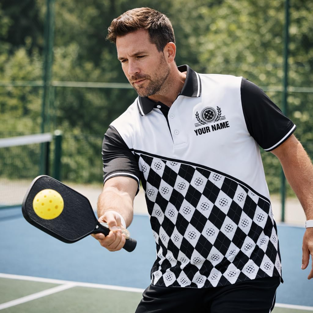 Custom Pickleball Polo Shirt Personalized Name Argyle Pickleball Performance Sport Polo Shirt Black