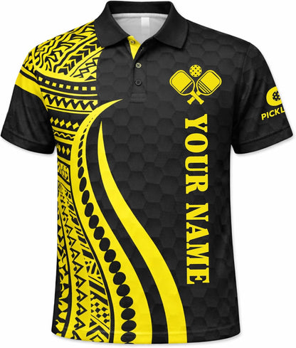 Custom Pickleball Polo Shirt Personalized Name Team Pickleball Jersey Black Yellow Tribal Sport Polo Shirt