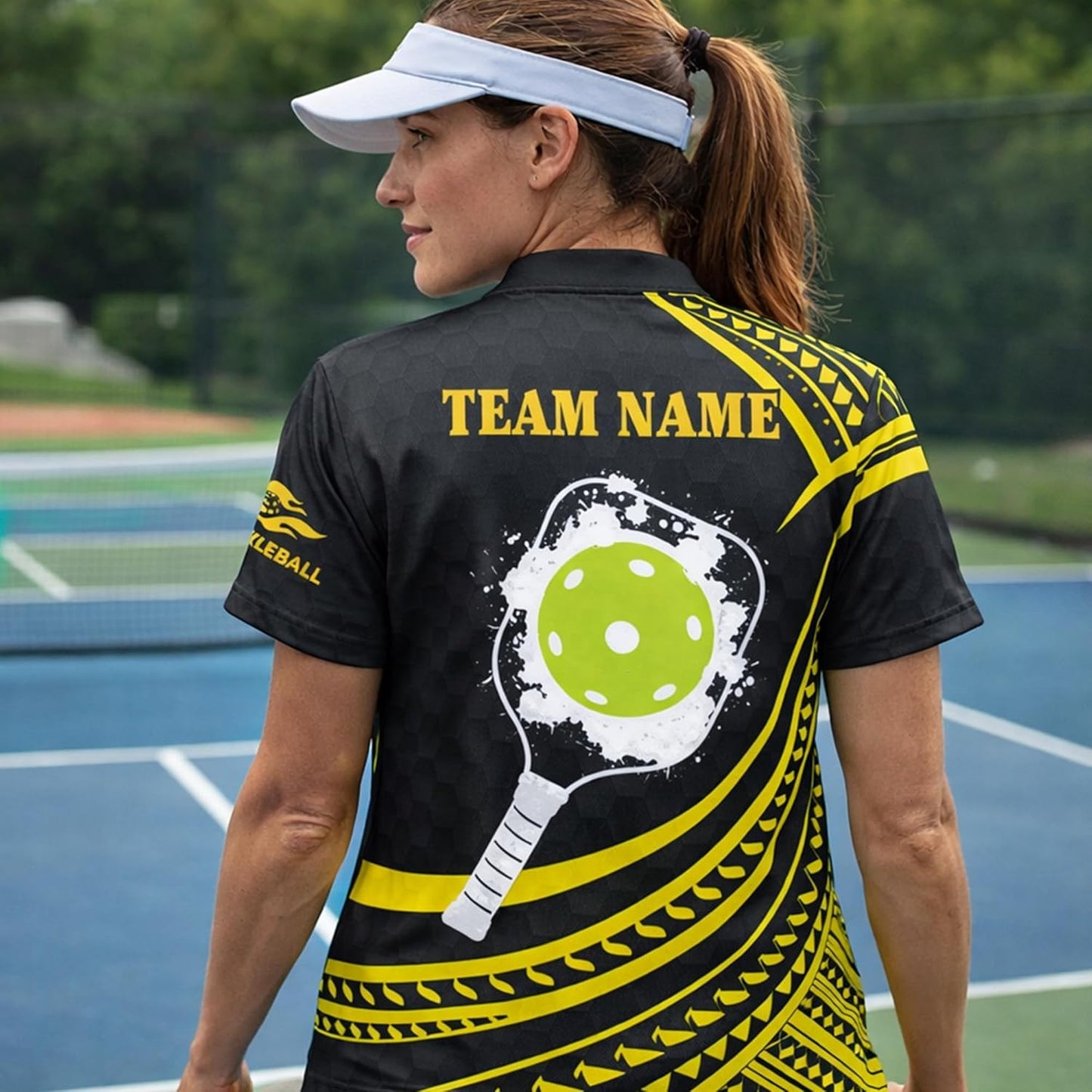 Custom Pickleball Polo Shirt Personalized Name Team Pickleball Jersey Black Yellow Tribal Sport Polo Shirt
