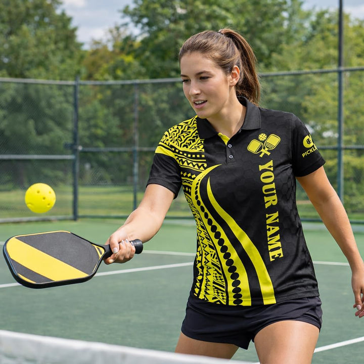 Custom Pickleball Polo Shirt Personalized Name Team Pickleball Jersey Black Yellow Tribal Sport Polo Shirt