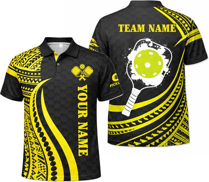 Custom Pickleball Polo Shirt Personalized Name Team Pickleball Jersey Black Yellow Tribal Sport Polo Shirt