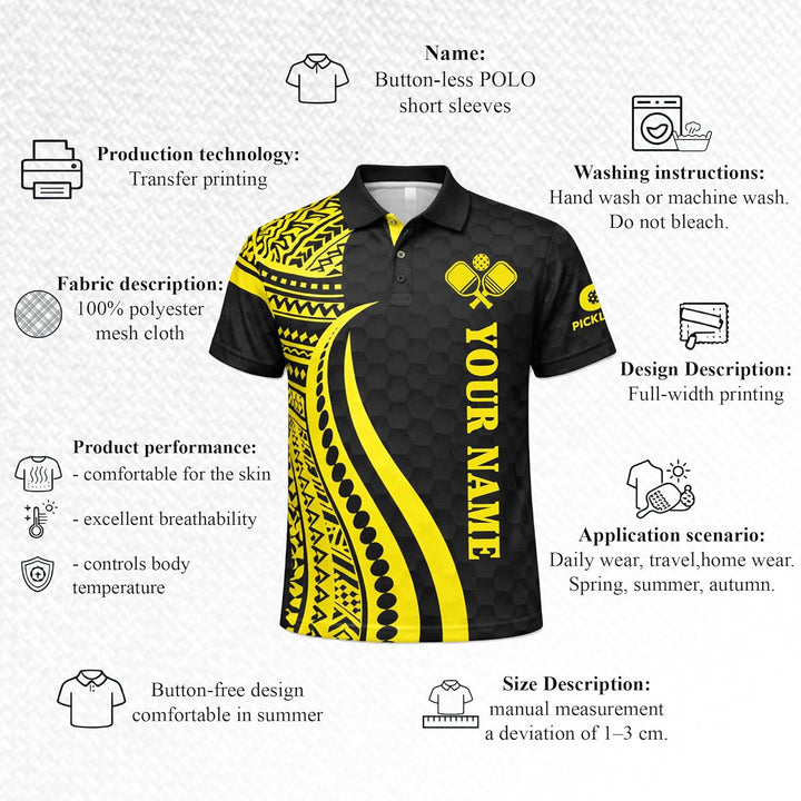 Custom Pickleball Polo Shirt Personalized Name Team Pickleball Jersey Black Yellow Tribal Sport Polo Shirt