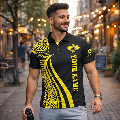 Custom Pickleball Polo Shirt Personalized Name Team Pickleball Jersey Black Yellow Tribal Sport Polo Shirt