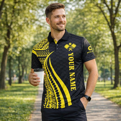 Custom Pickleball Polo Shirt Personalized Name Team Pickleball Jersey Black Yellow Tribal Sport Polo Shirt