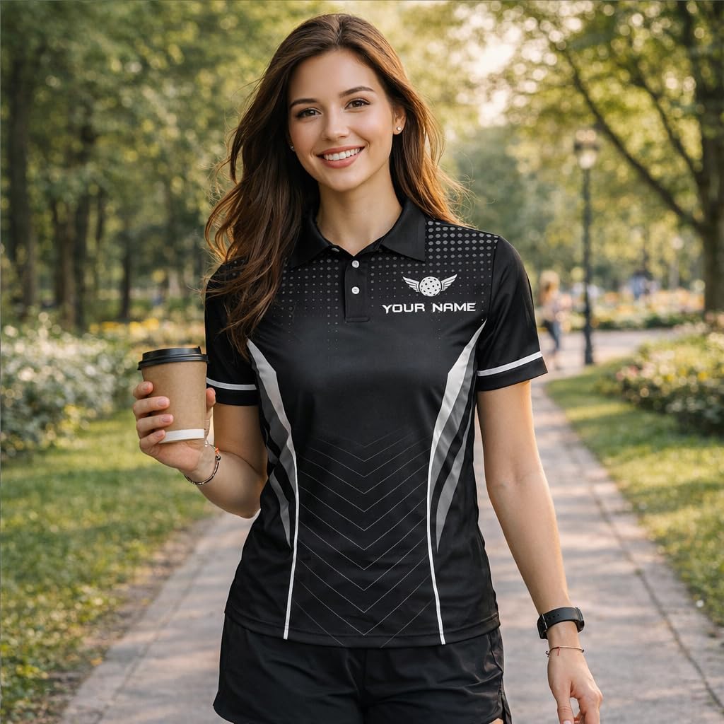 Custom Pickleball Polo Shirt Personalized Name Team Pickleball Shirt Black Performance Polo All Over Print