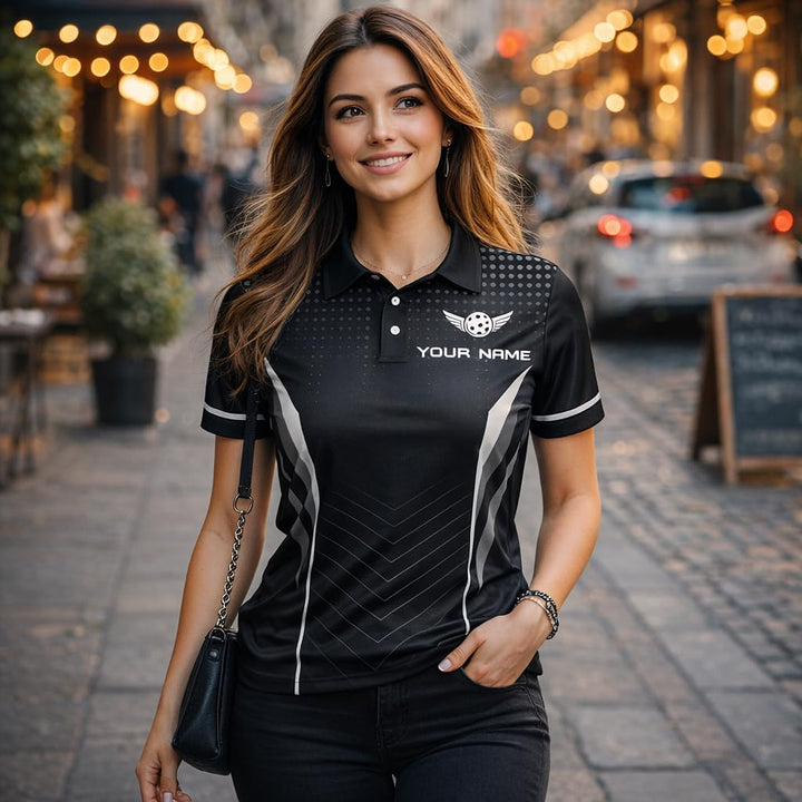 Custom Pickleball Polo Shirt Personalized Name Team Pickleball Shirt Black Performance Polo All Over Print