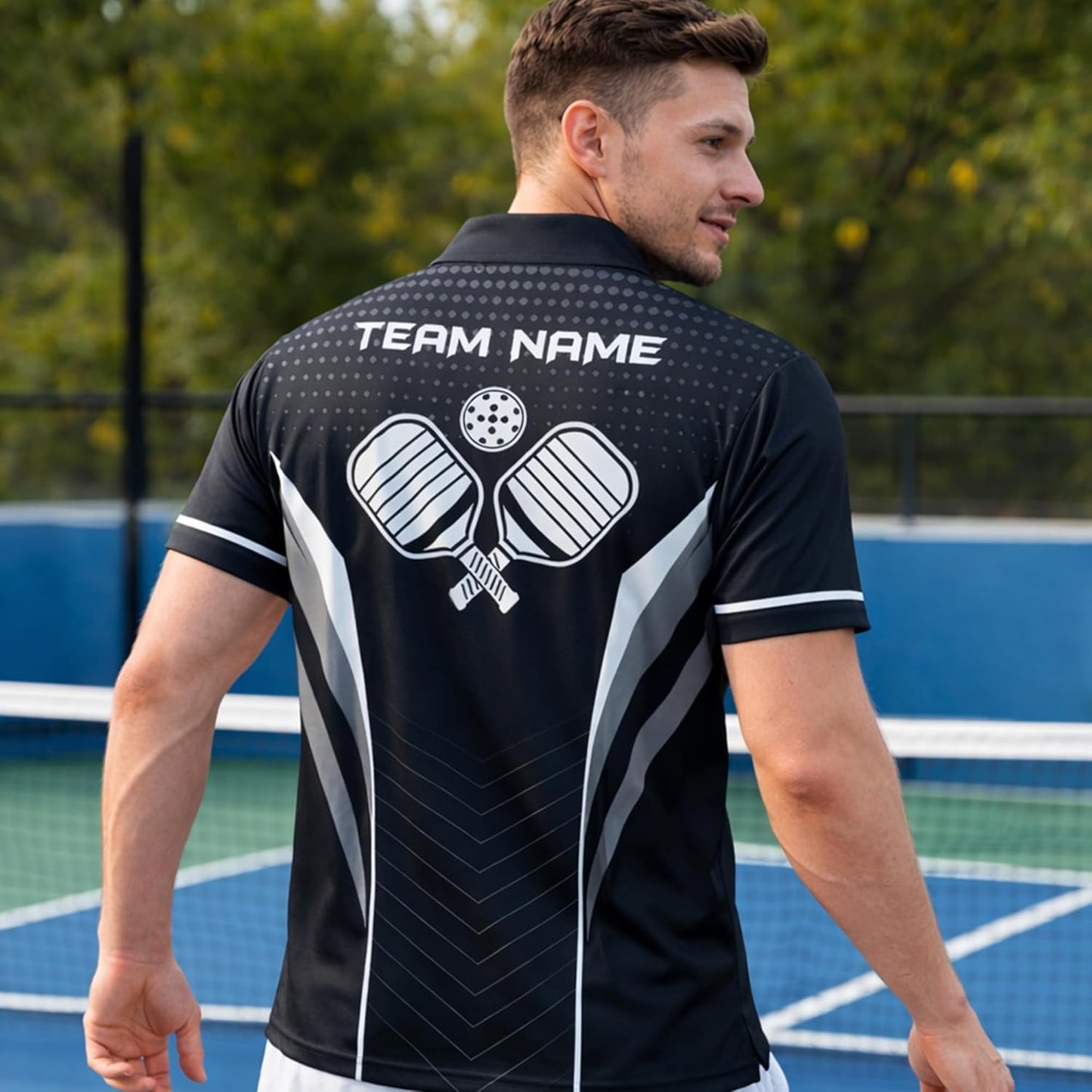 Custom Pickleball Polo Shirt Personalized Name Team Pickleball Shirt Black Performance Polo All Over Print