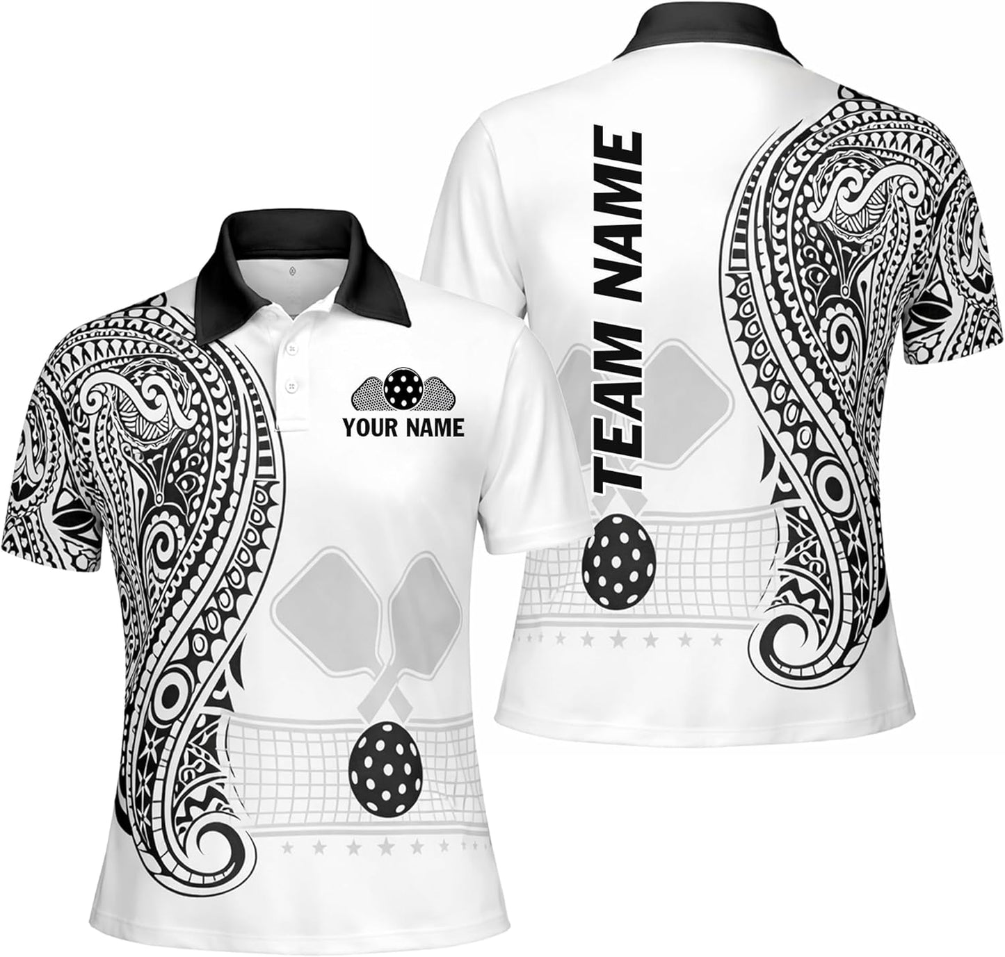Custom Pickleball Polo Shirt Personalized Name Team Pickleball Shirt Black White Paisley Sport Polo