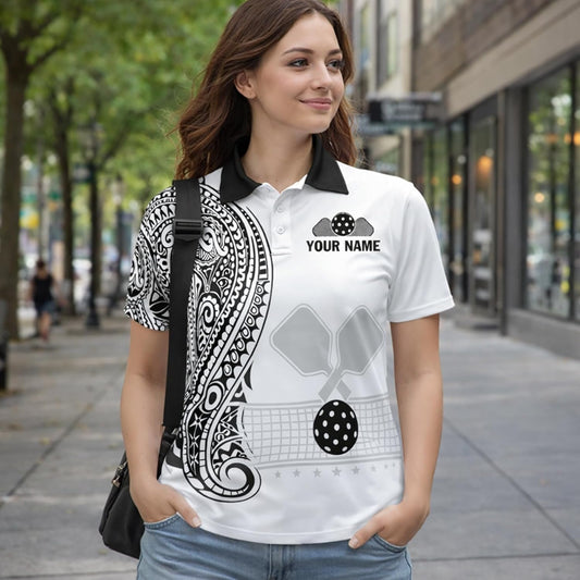 Custom Pickleball Polo Shirt Personalized Name Team Pickleball Shirt Black White Paisley Sport Polo