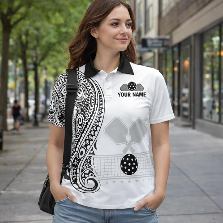 Custom Pickleball Polo Shirt Personalized Name Team Pickleball Shirt Black White Paisley Sport Polo