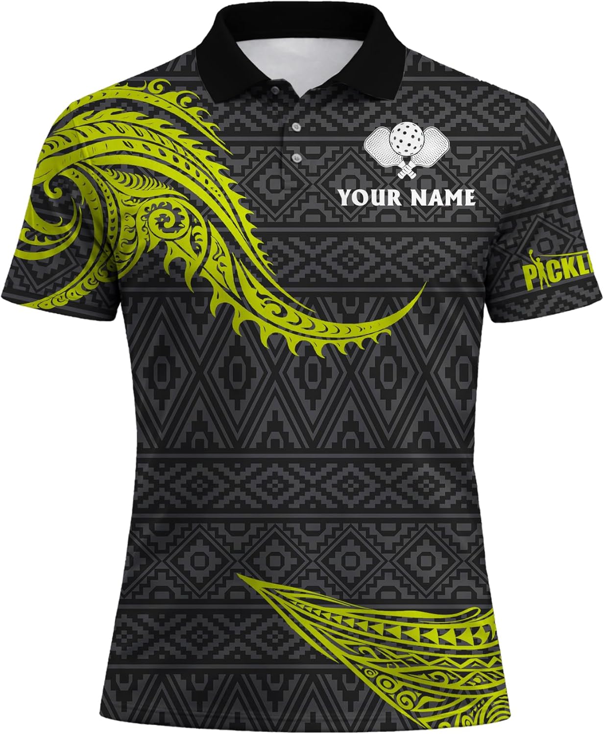 Custom Pickleball Polo Shirt Personalized Name Tribal Pickleball Team Jersey Performance Sport Polo Black