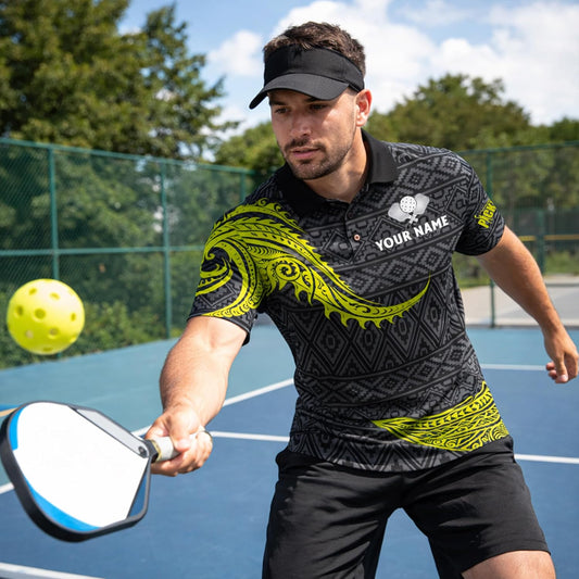 Custom Pickleball Polo Shirt Personalized Name Tribal Pickleball Team Jersey Performance Sport Polo Black
