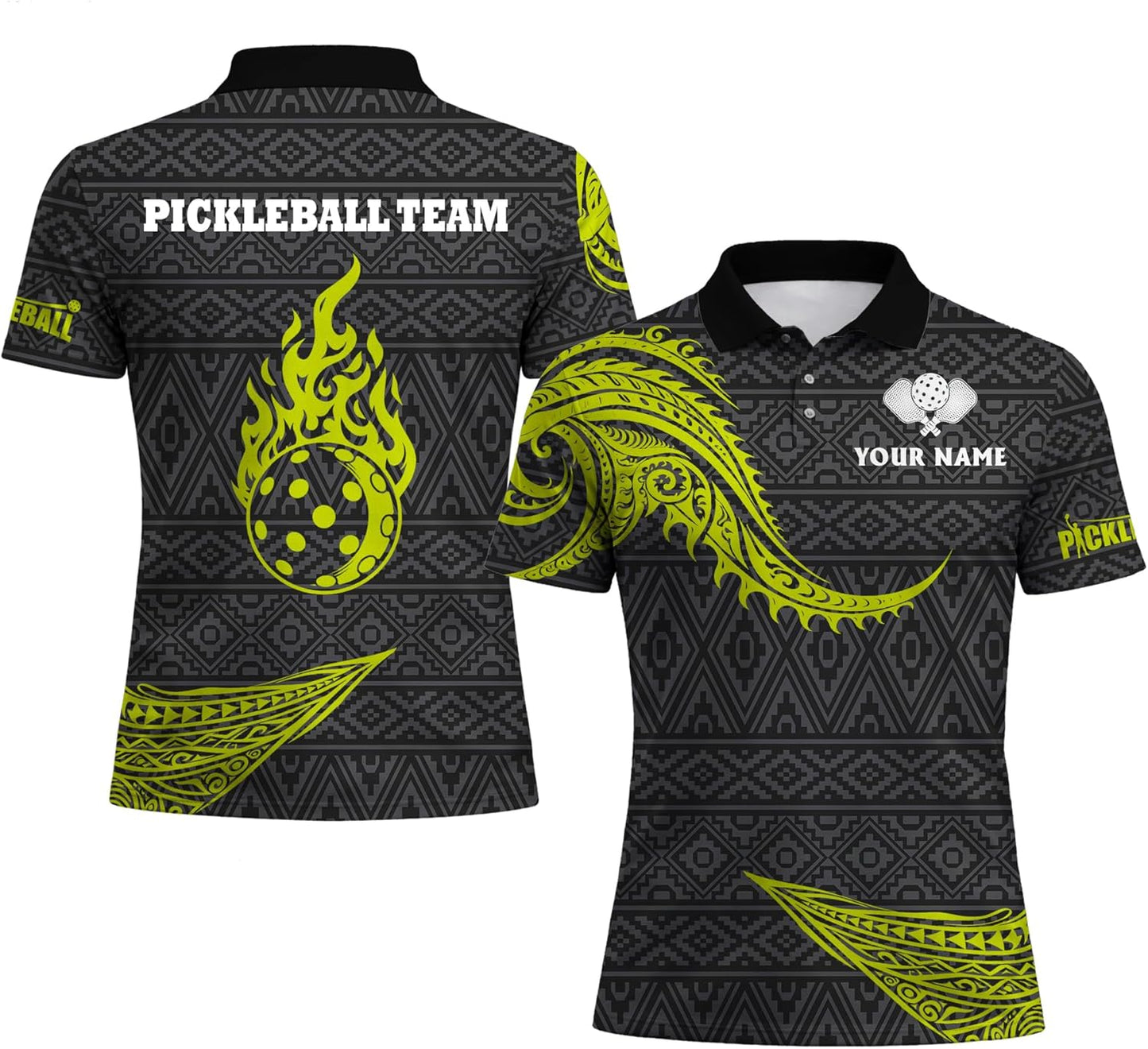 Custom Pickleball Polo Shirt Personalized Name Tribal Pickleball Team Jersey Performance Sport Polo Black