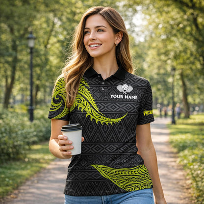 Custom Pickleball Polo Shirt Personalized Name Tribal Pickleball Team Jersey Performance Sport Polo Black