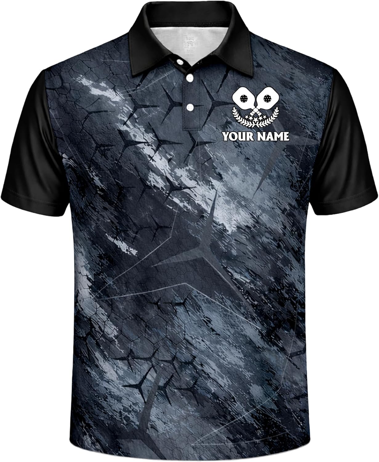 Custom Pickleball Polo Shirt Personalized Team Name Dark Crack Texture Pickleball Performance Shirt Black