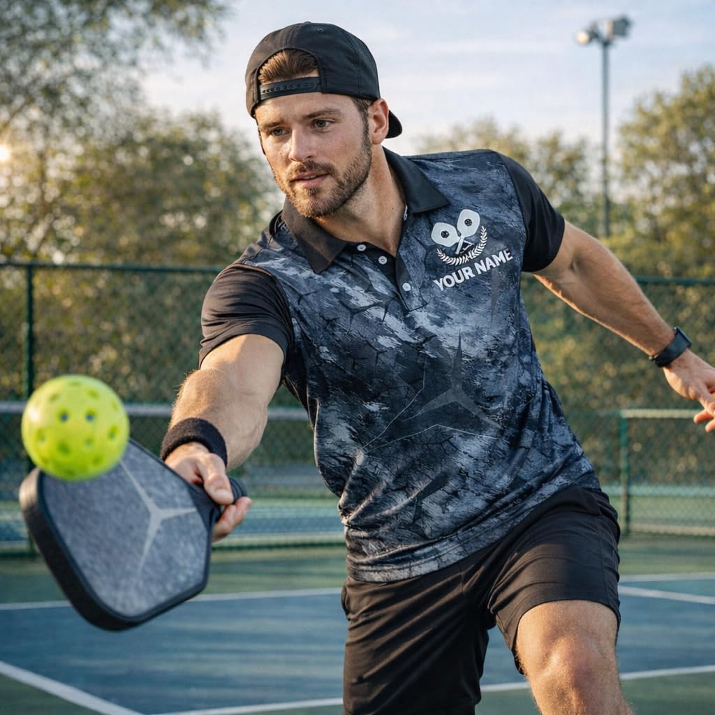 Custom Pickleball Polo Shirt Personalized Team Name Dark Crack Texture Pickleball Performance Shirt Black