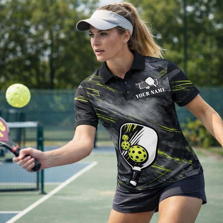 Custom Pickleball Polo Shirt Personalized Team Name Performance Pickleball Shirt for Men Women Black