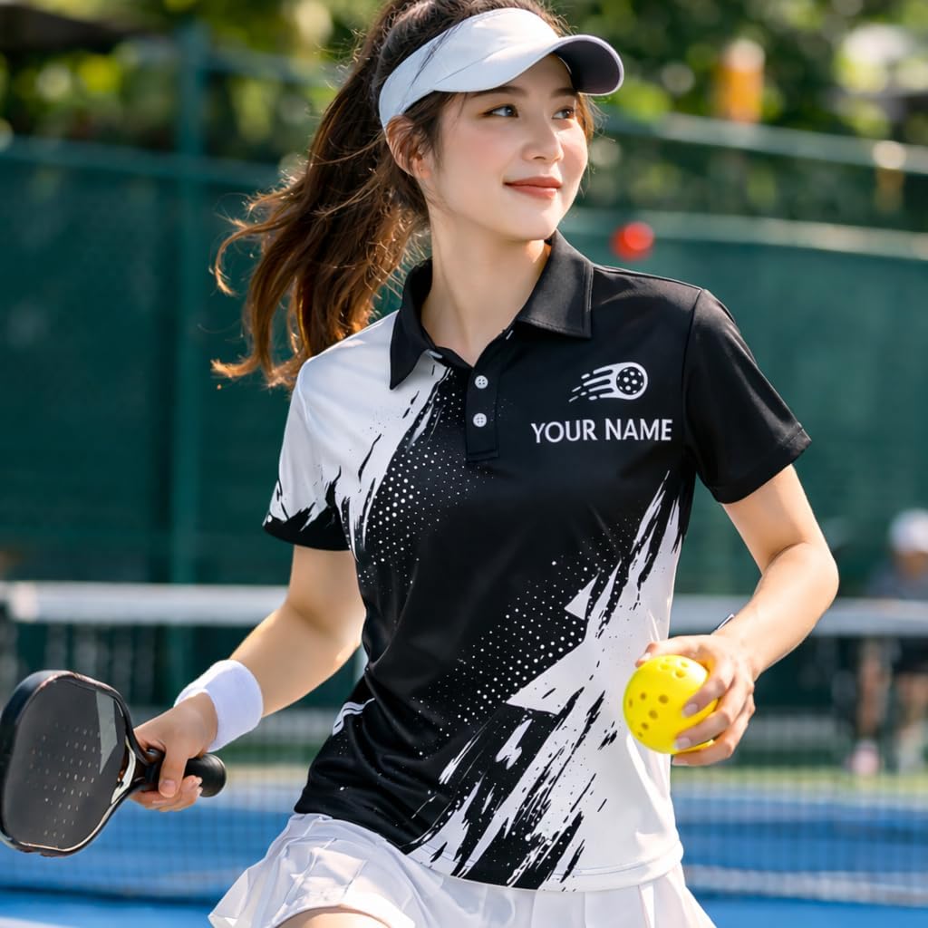 Custom Pickleball Polo Shirt Personalized Team Name Pickleball Shirt Black White Performance Polo