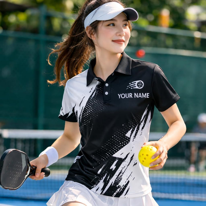 Custom Pickleball Polo Shirt Personalized Team Name Pickleball Shirt Black White Performance Polo