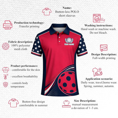 Custom Pickleball Polo Shirt USA Patriotic Stars Stripes Pickleball Performance Polo Personalized Team Jersey