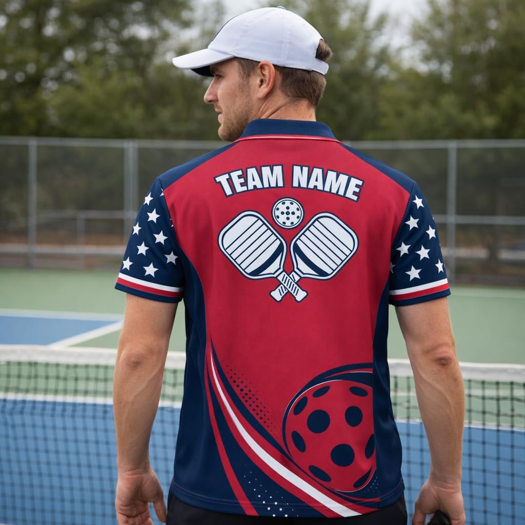 Custom Pickleball Polo Shirt USA Patriotic Stars Stripes Pickleball Performance Polo Personalized Team Jersey