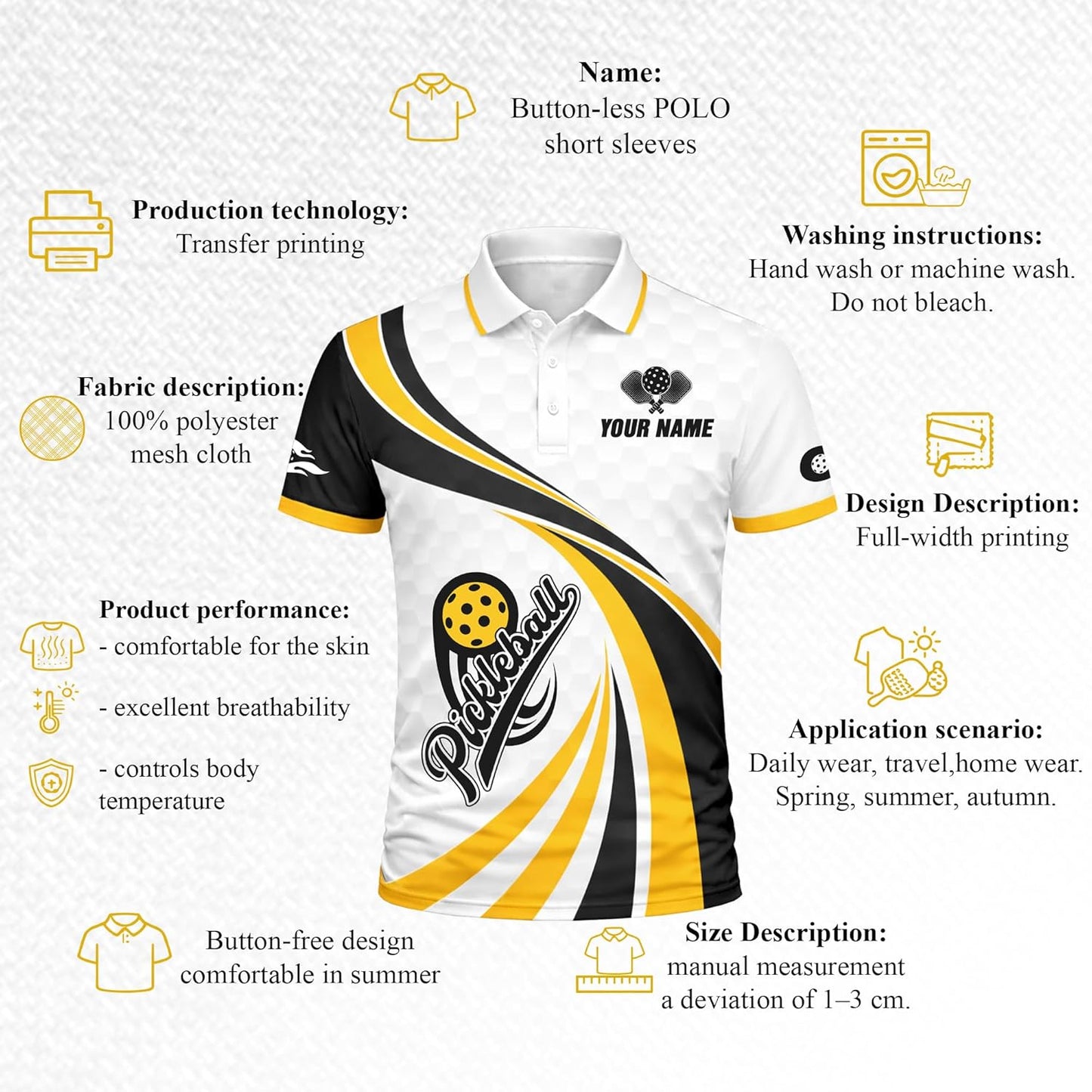 Custom Pickleball Polo Shirt White Black Yellow Performance Pickleball Shirt Personalized Team Jersey