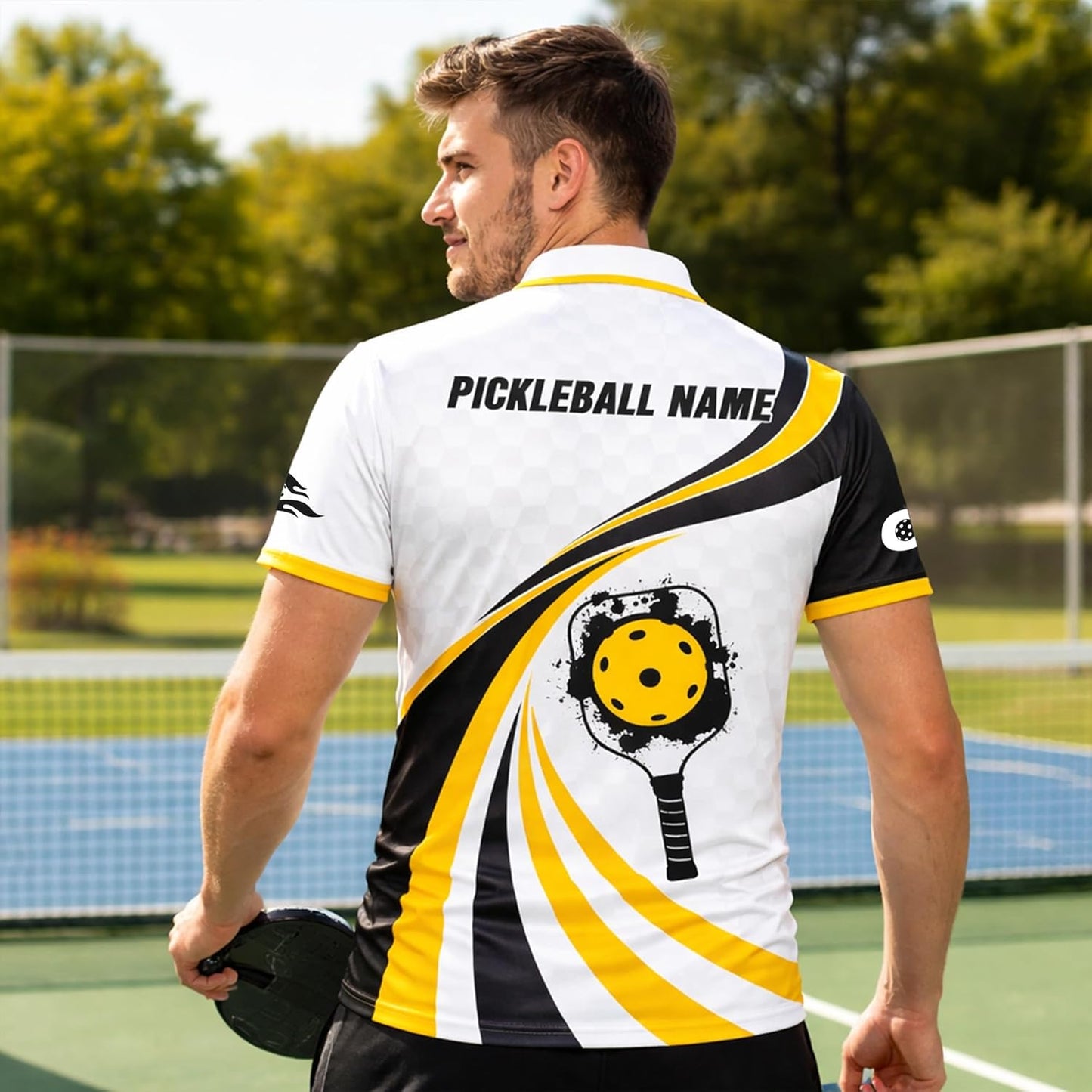 Custom Pickleball Polo Shirt White Black Yellow Performance Pickleball Shirt Personalized Team Jersey