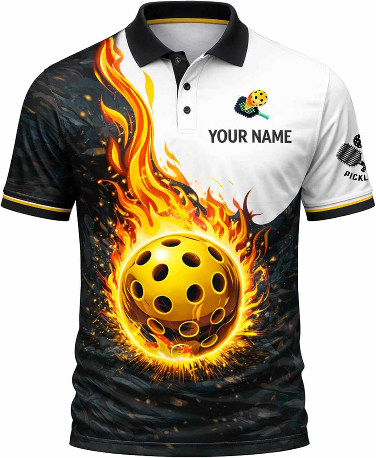 Custom Pickleball Team Polo Shirt Flaming Pickleball Personalized Name Performance Polo for Men Women Black