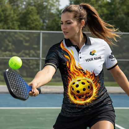 Custom Pickleball Team Polo Shirt Flaming Pickleball Personalized Name Performance Polo for Men Women Black