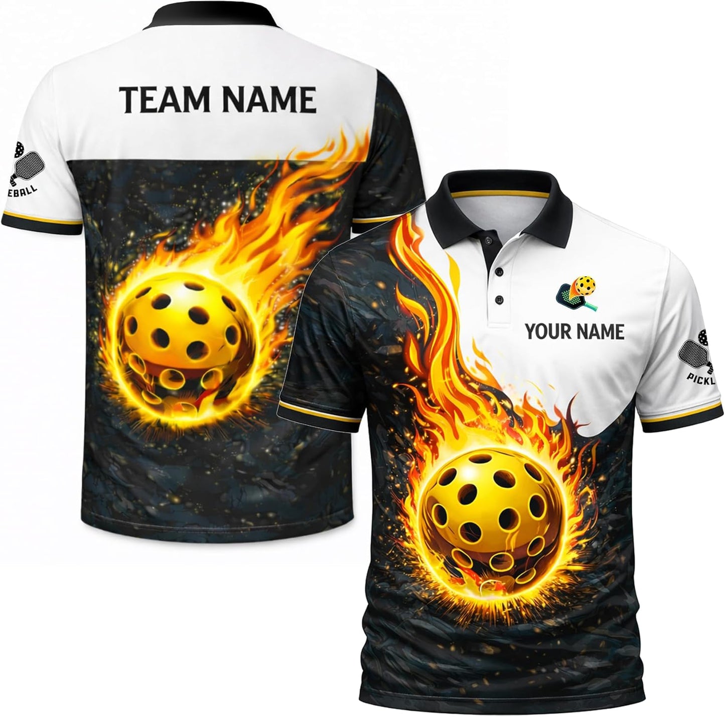 Custom Pickleball Team Polo Shirt Flaming Pickleball Personalized Name Performance Polo for Men Women Black