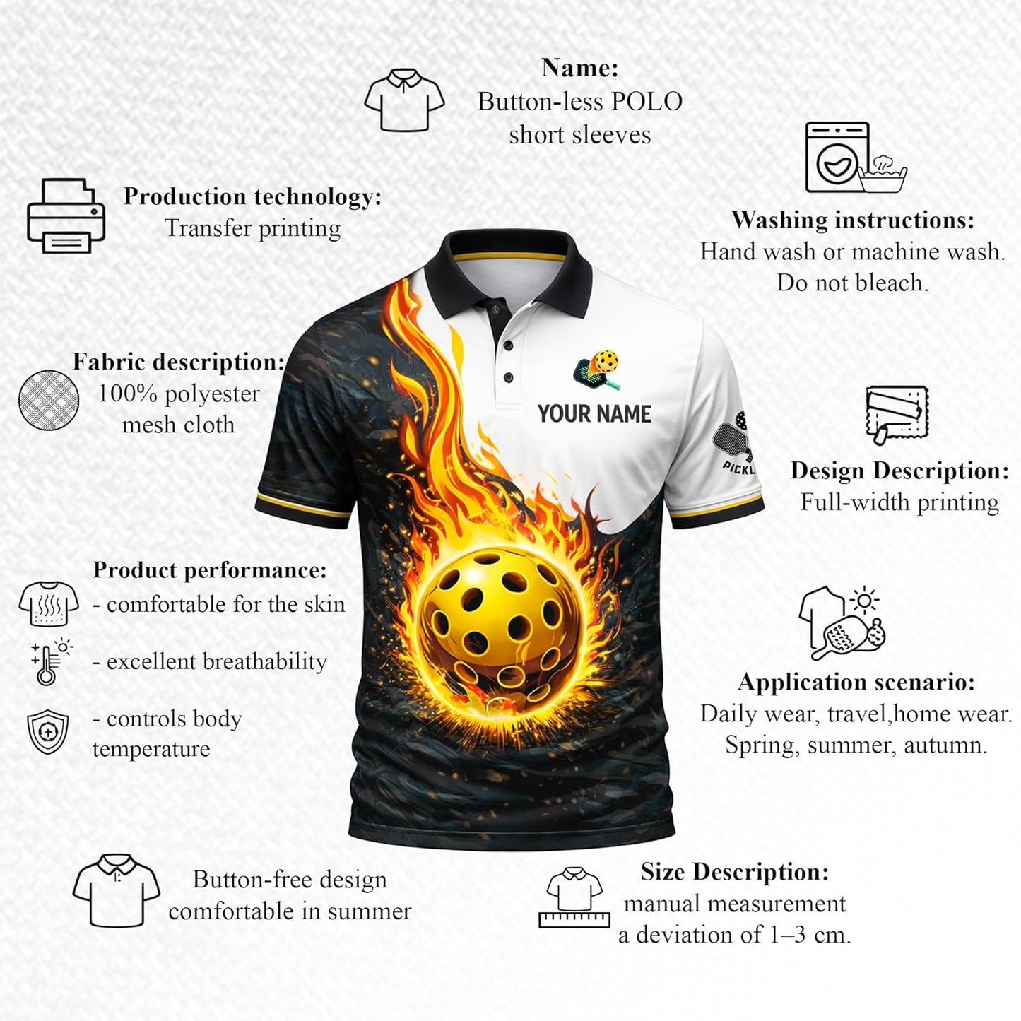 Custom Pickleball Team Polo Shirt Flaming Pickleball Personalized Name Performance Polo for Men Women Black