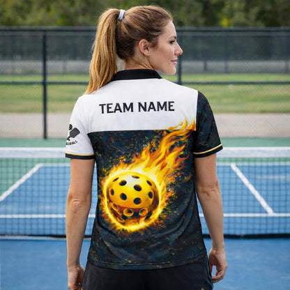 Custom Pickleball Team Polo Shirt Flaming Pickleball Personalized Name Performance Polo for Men Women Black