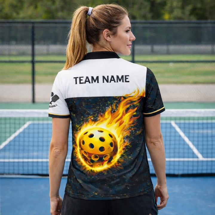 Custom Pickleball Team Polo Shirt Flaming Pickleball Personalized Name Performance Polo for Men Women Black