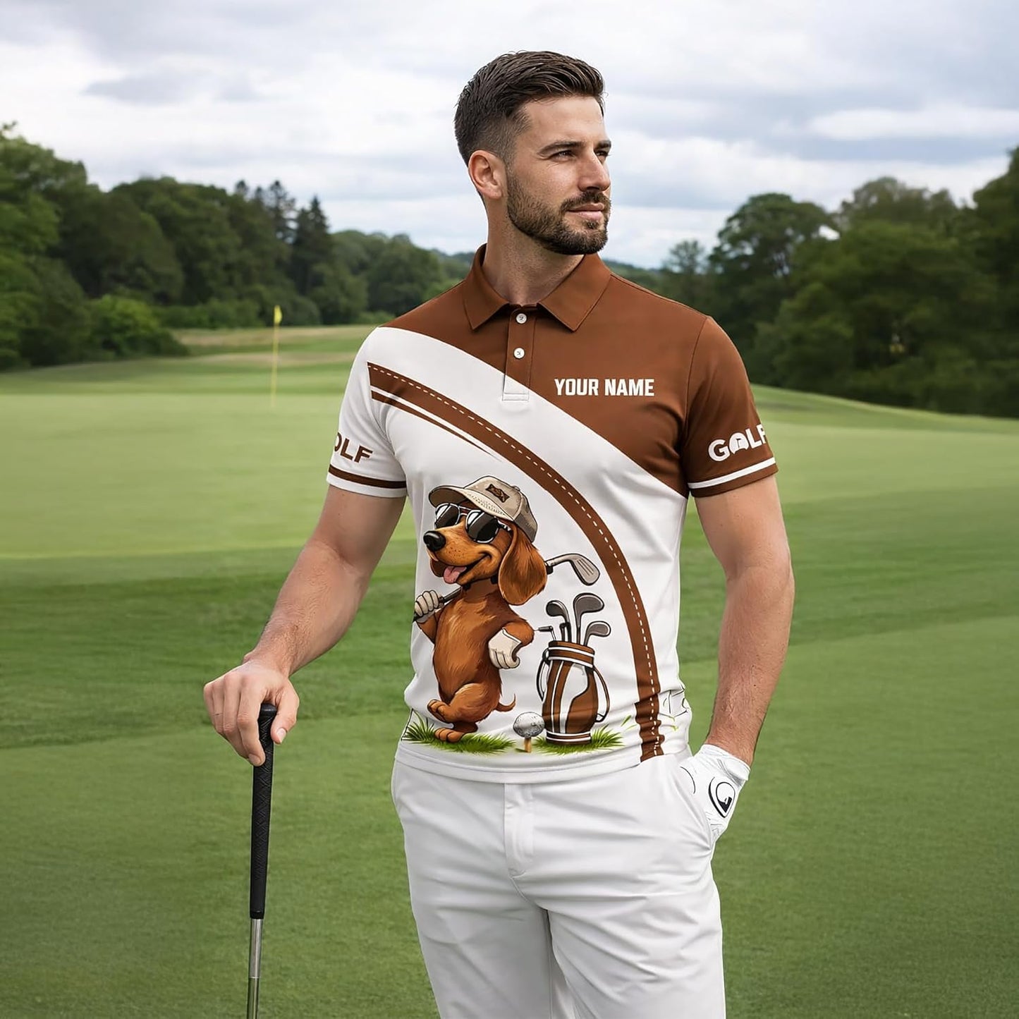 Dachshund Golf Polo Shirt Funny Dog Golfer Custom Name Performance Golf Shirt All Over Print Black
