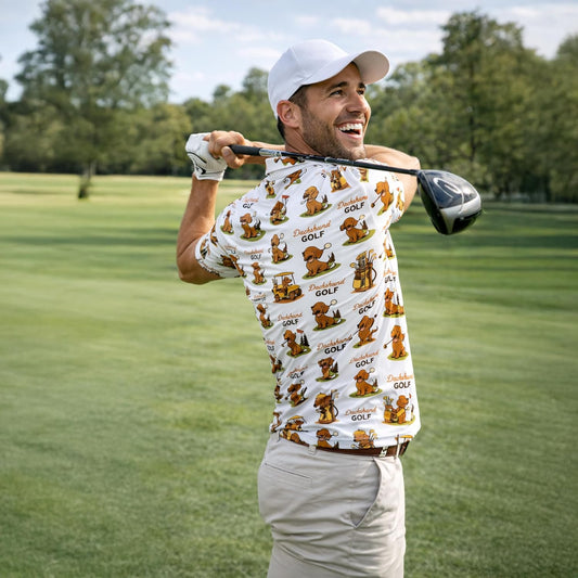 Dachshund Golf Polo Shirt Funny Sausage Dog Golfer All Over Print Performance Golf Shirt Black