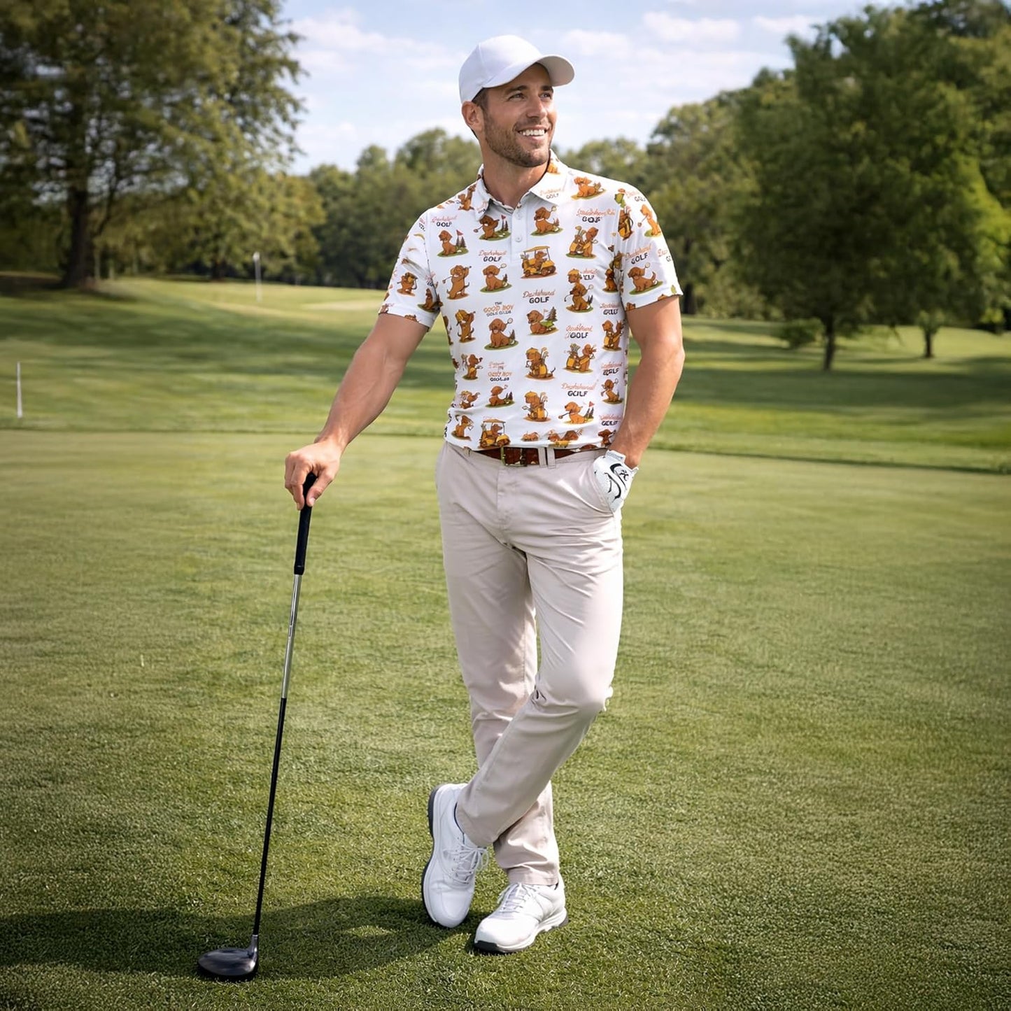 Dachshund Golf Polo Shirt Funny Sausage Dog Golfer All Over Print Performance Golf Shirt Black