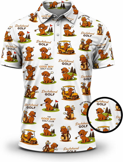 Dachshund Golf Polo Shirt Funny Sausage Dog Golfer All Over Print Performance Golf Shirt Black