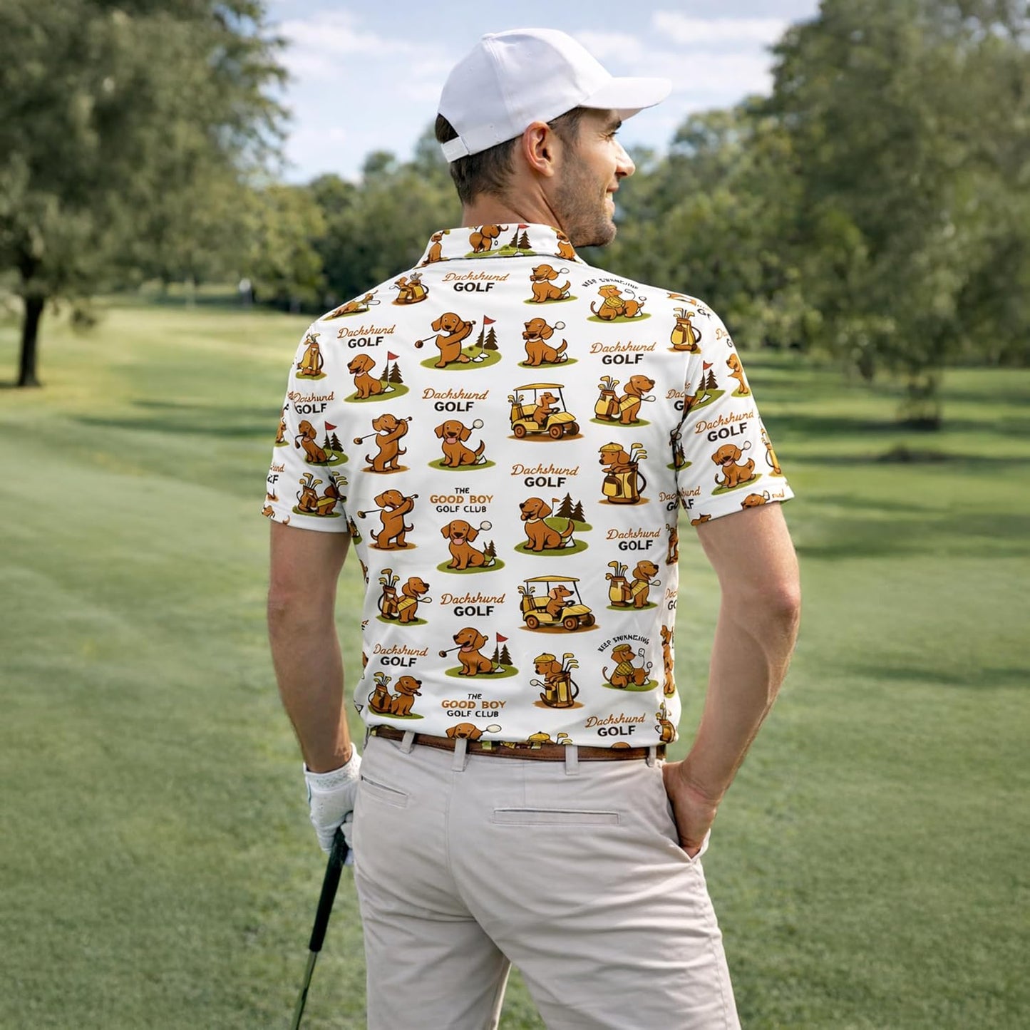 Dachshund Golf Polo Shirt Funny Sausage Dog Golfer All Over Print Performance Golf Shirt Black