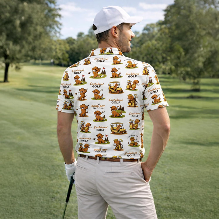 Dachshund Golf Polo Shirt Funny Sausage Dog Golfer All Over Print Performance Golf Shirt Black