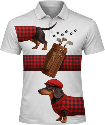 Dachshund Golf Polo Shirt Men Women Funny Dog Golfer Plaid Pattern Performance Golf Shirt Black