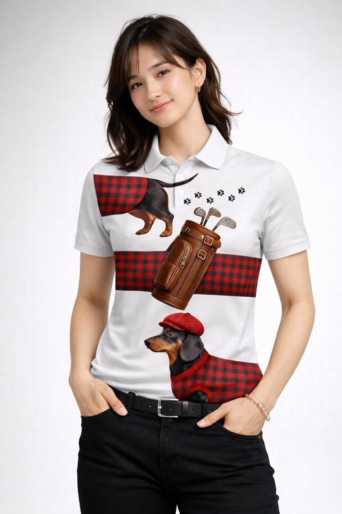Dachshund Golf Polo Shirt Men Women Funny Dog Golfer Plaid Pattern Performance Golf Shirt Black