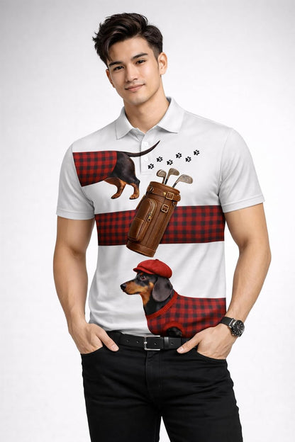 Dachshund Golf Polo Shirt Men Women Funny Dog Golfer Plaid Pattern Performance Golf Shirt Black