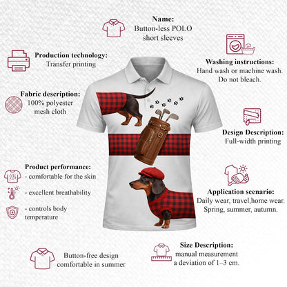 Dachshund Golf Polo Shirt Men Women Funny Dog Golfer Plaid Pattern Performance Golf Shirt Black