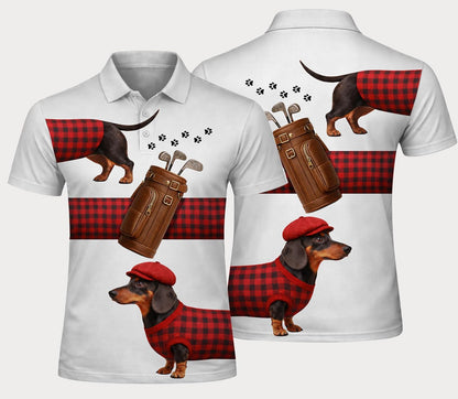 Dachshund Golf Polo Shirt Men Women Funny Dog Golfer Plaid Pattern Performance Golf Shirt Black