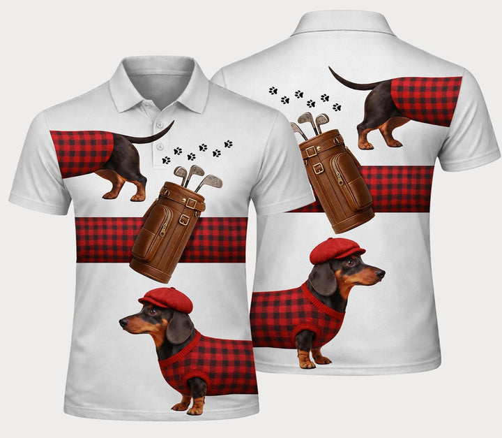 Dachshund Golf Polo Shirt Men Women Funny Dog Golfer Plaid Pattern Performance Golf Shirt Black