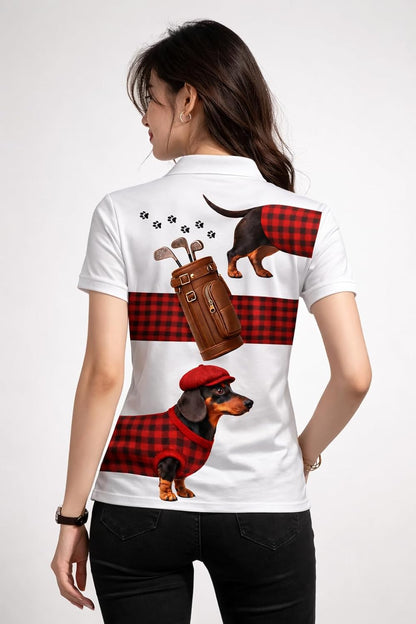 Dachshund Golf Polo Shirt Men Women Funny Dog Golfer Plaid Pattern Performance Golf Shirt Black