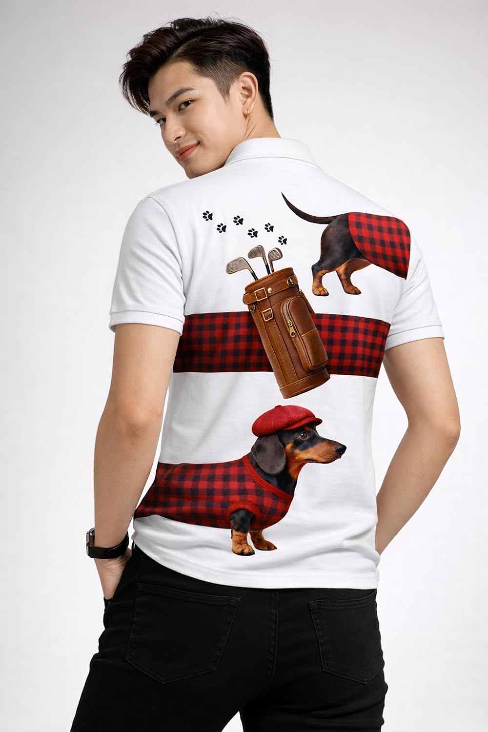 Dachshund Golf Polo Shirt Men Women Funny Dog Golfer Plaid Pattern Performance Golf Shirt Black