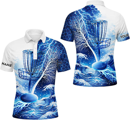 Disc Golf Polo Shirt Custom Name Disc Golf Basket Lightning Ocean Performance Sport Polo Shirt