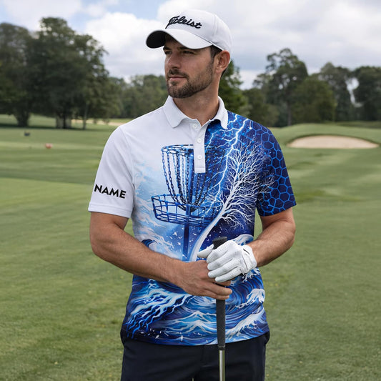 Disc Golf Polo Shirt Custom Name Disc Golf Basket Lightning Ocean Performance Sport Polo Shirt